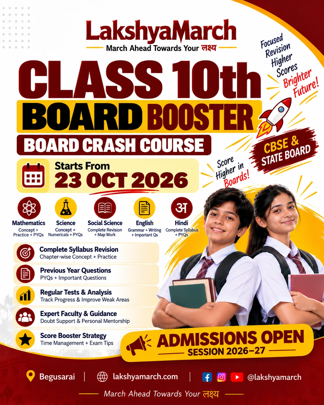 LM Board Booster — Class 10th Board Crash Course (Starts 23 Oct) — LakshyaMarch Begusarai | Kota-Alternative Coaching Batch Blueprint & Poster (1250x1080)