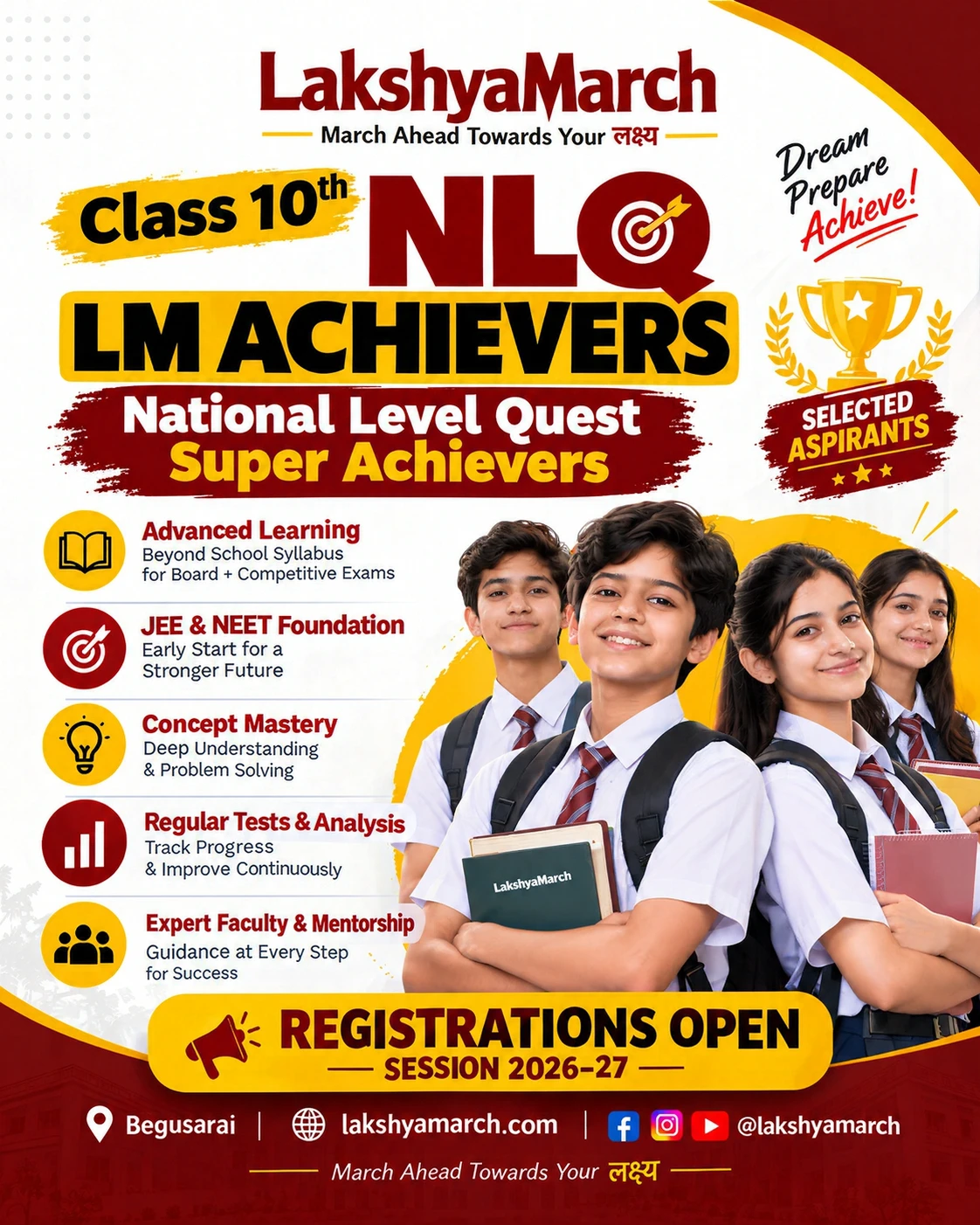 Class 10th NLQ (LM Achievers) — National Level Quest Super Achievers — LakshyaMarch Begusarai | Kota-Alternative Coaching Batch Blueprint & Poster (1250x1080)