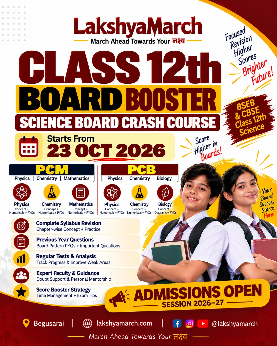 LM Board Booster — Class 12th Science Board Crash Course (Starts 23 Oct) — LakshyaMarch Begusarai | Kota-Alternative Coaching Batch Blueprint & Poster (1250x1080)