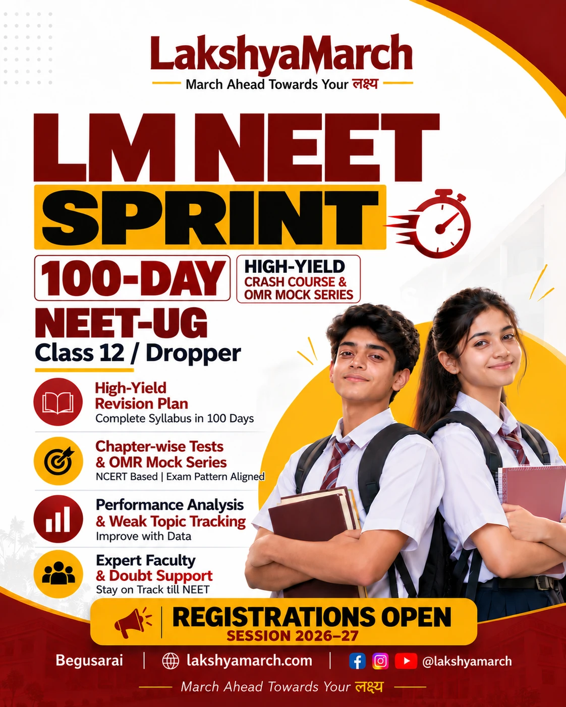 LM NEET Sprint — 100-Day High-Yield Crash Course & OMR Mock Series — LakshyaMarch Begusarai | Kota-Alternative Coaching Batch Blueprint & Poster (1250x1080)